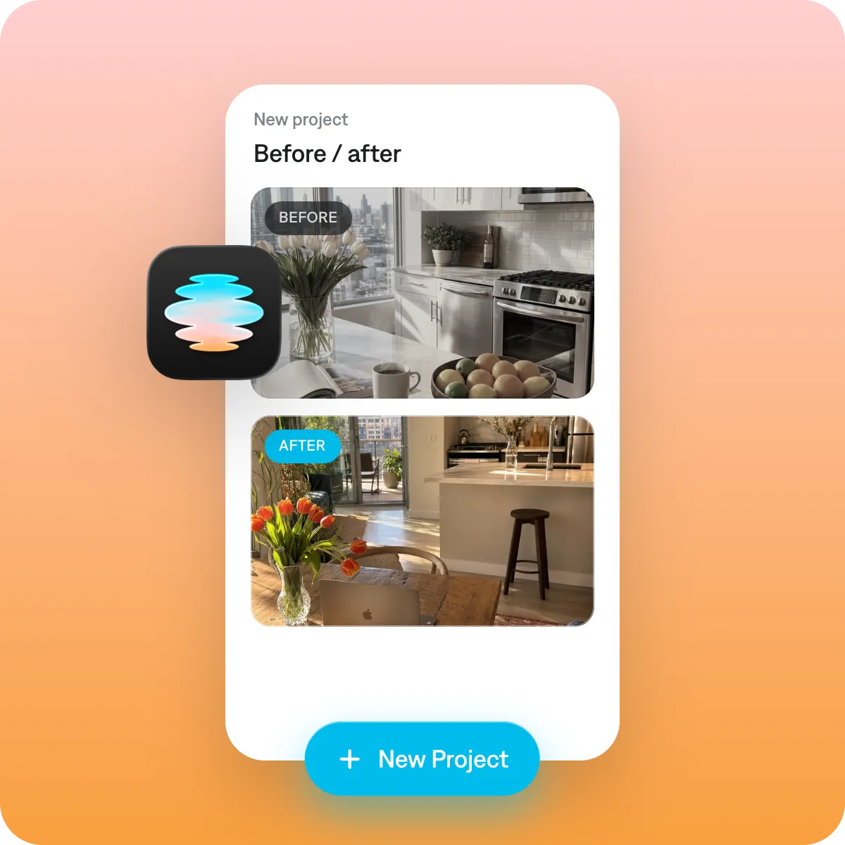 New before-and-after project in Captions showing uploaded before and after kitchen clips with a New Project button