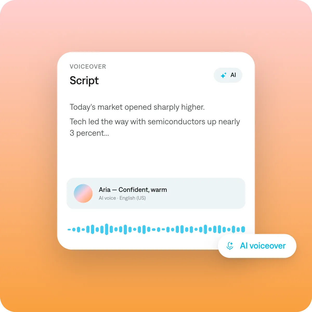 Screenshot showing how to enter a script and select an AI voiceover in the Captions app