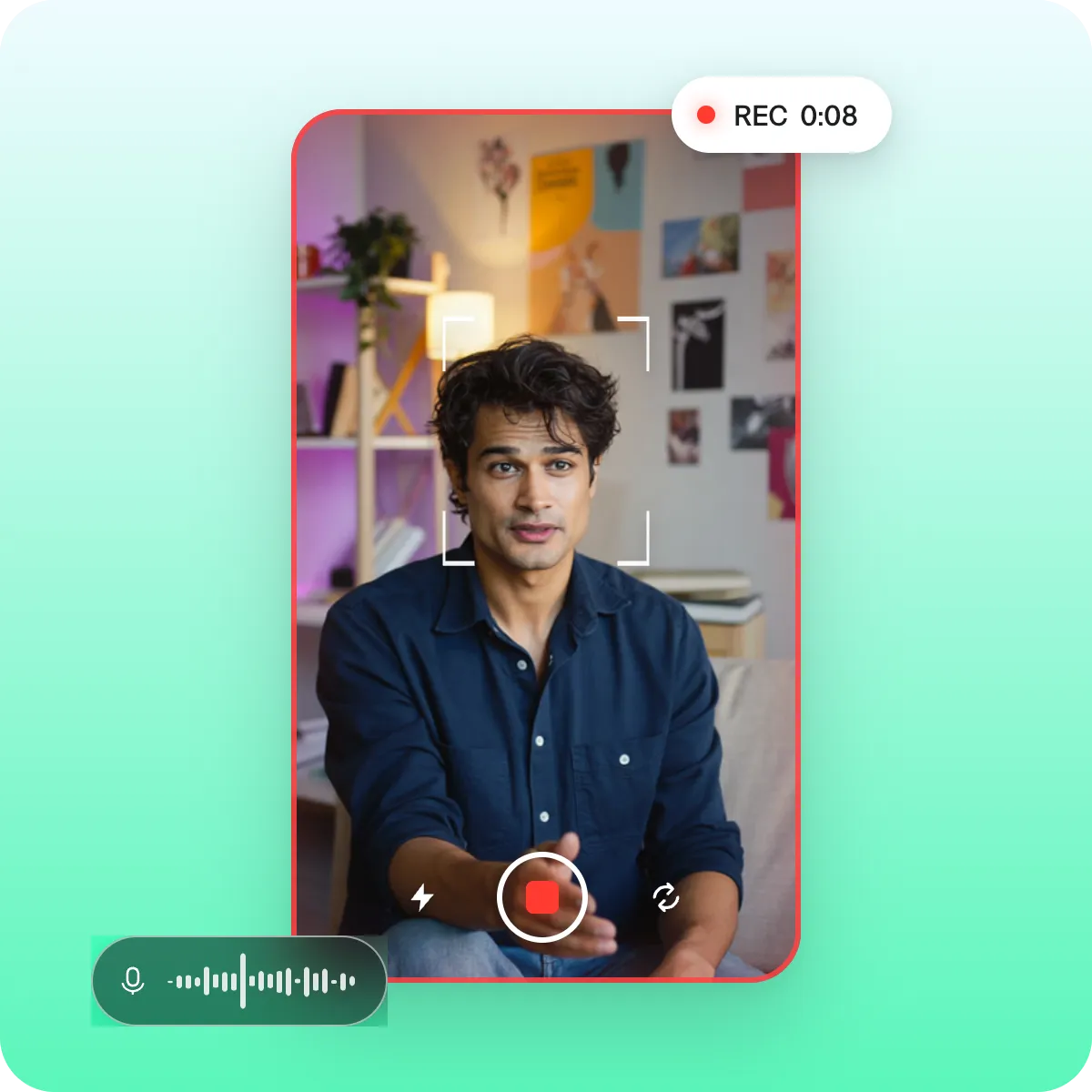 Screenshot showing a person recording themselves speaking directly to the camera for a Captions project