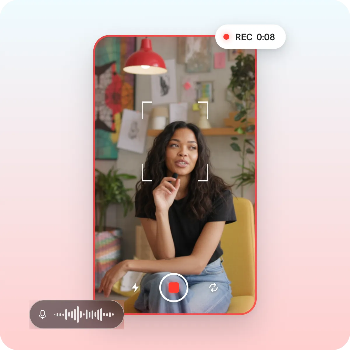 Screenshot showing a person recording themselves speaking directly to the camera for a Captions project