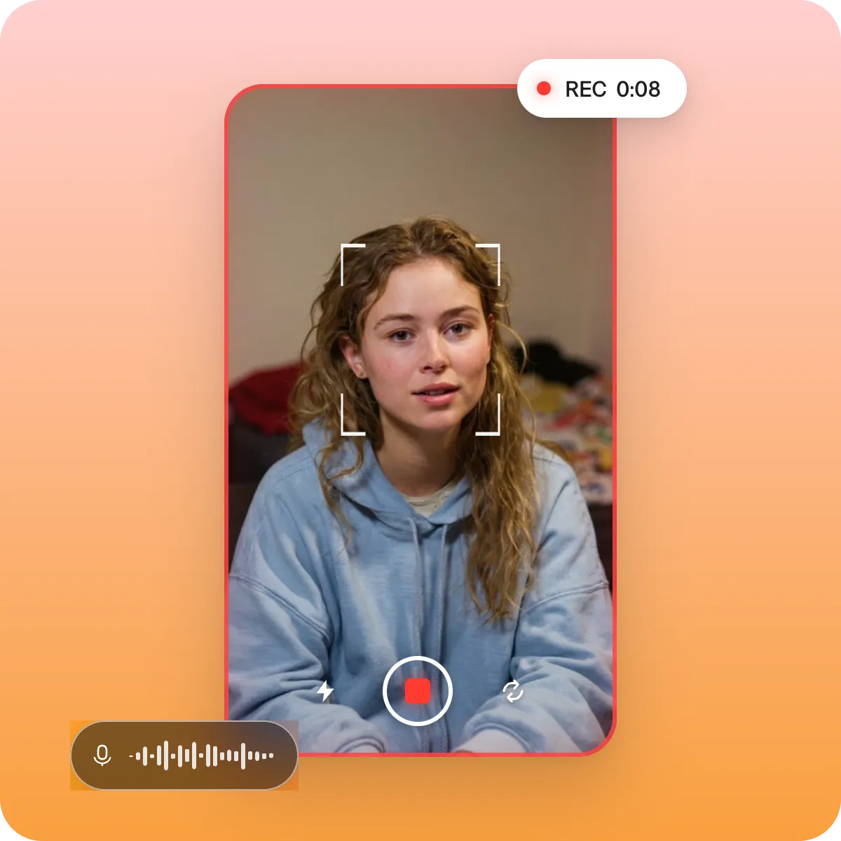 Screenshot showing a person recording themselves speaking directly to the camera for a Captions project