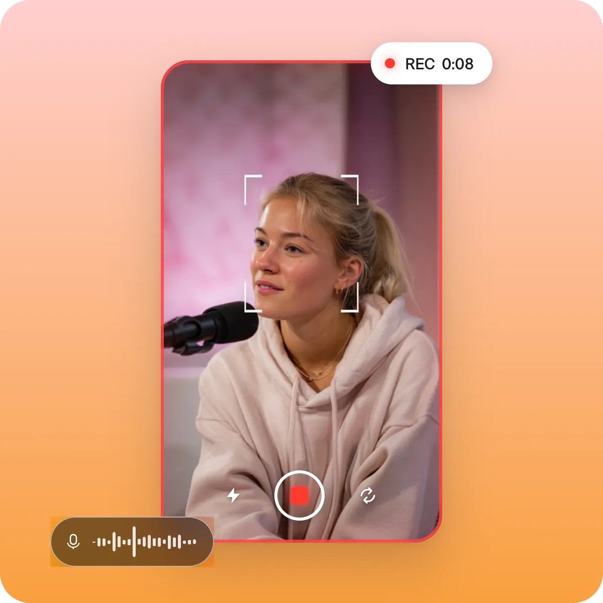 Screenshot showing a person recording themselves speaking directly to the camera for a Captions project