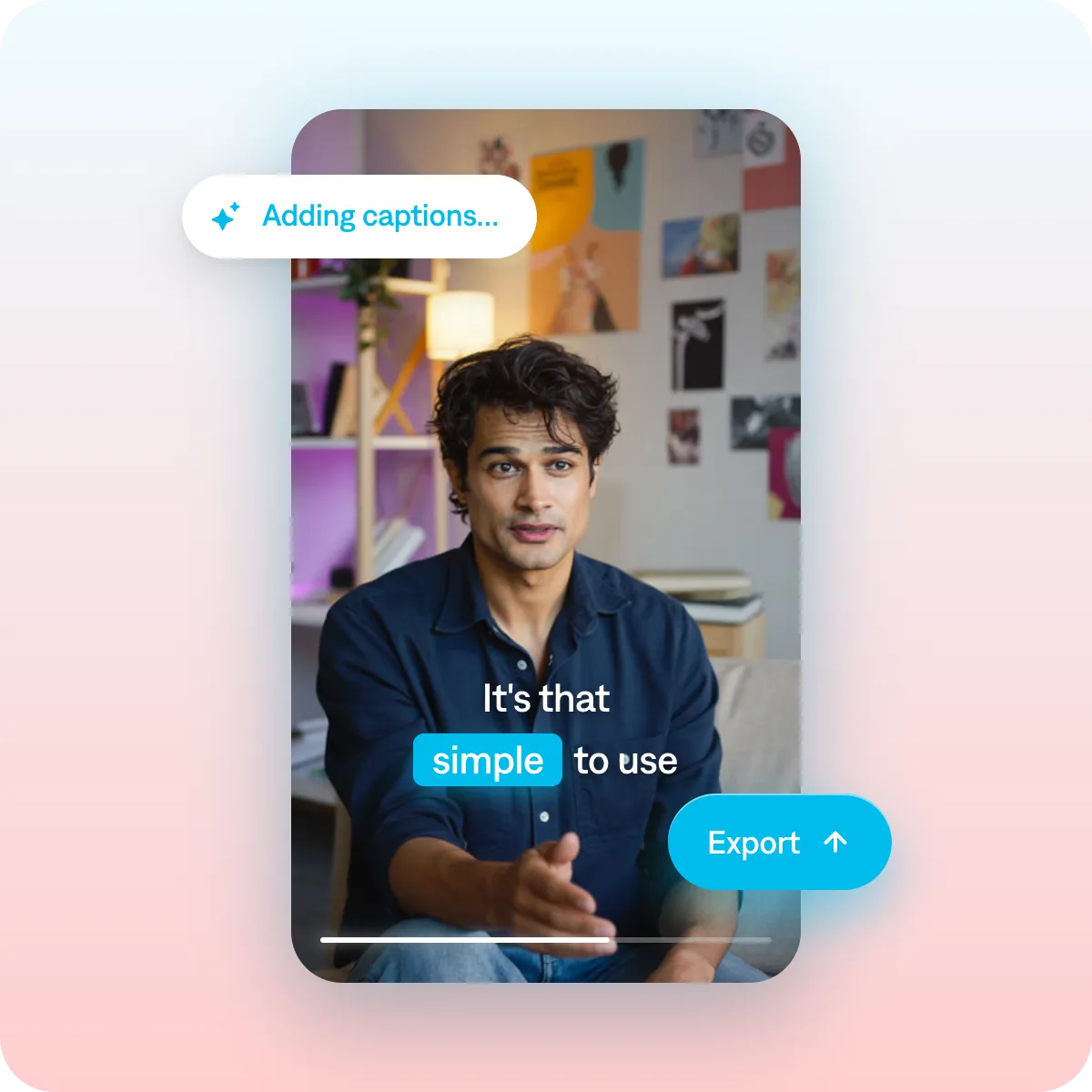 Screenshot showing how to add captions and export a product demo video in the Captions app