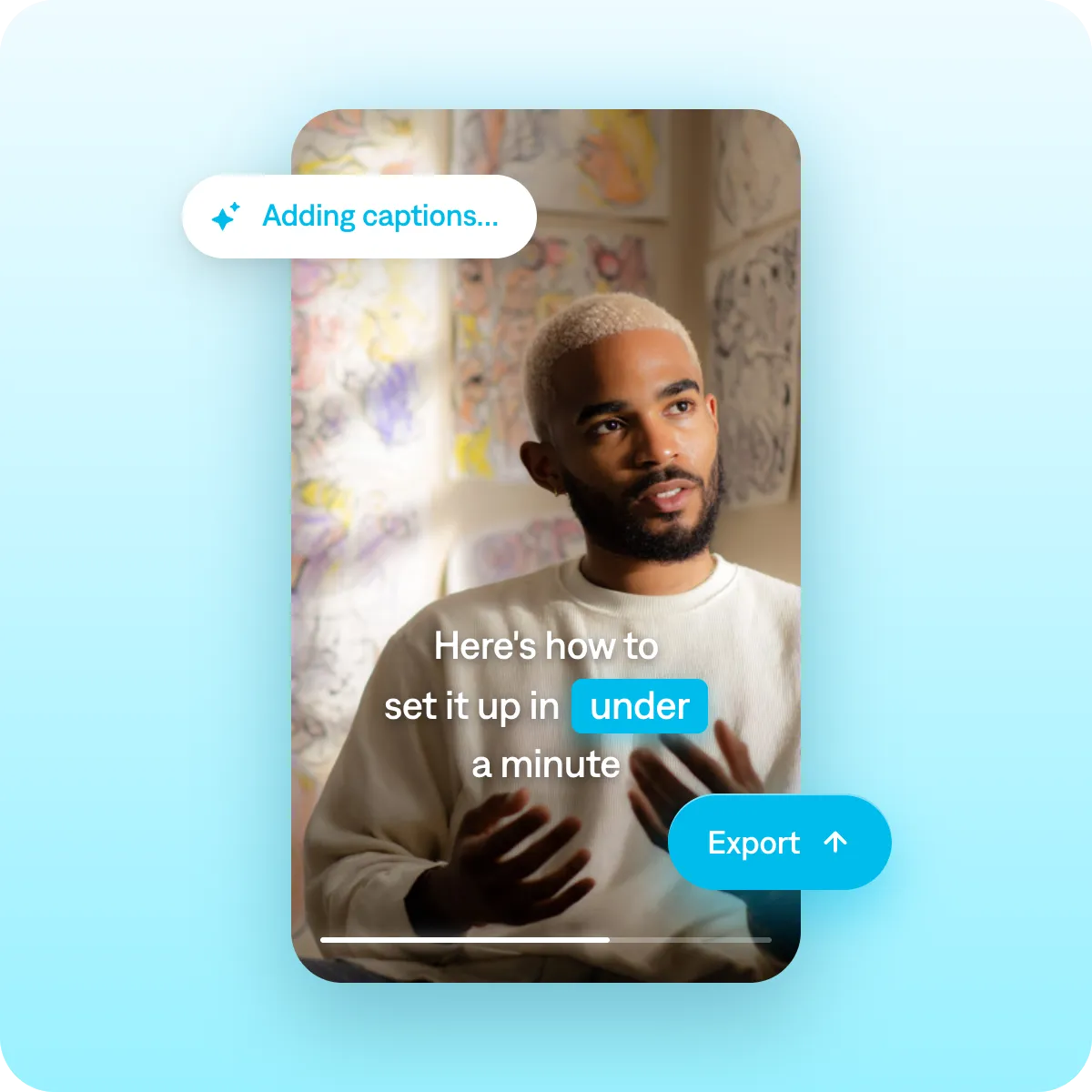 Screenshot showing how to add captions and export a tutorial video in the Captions app