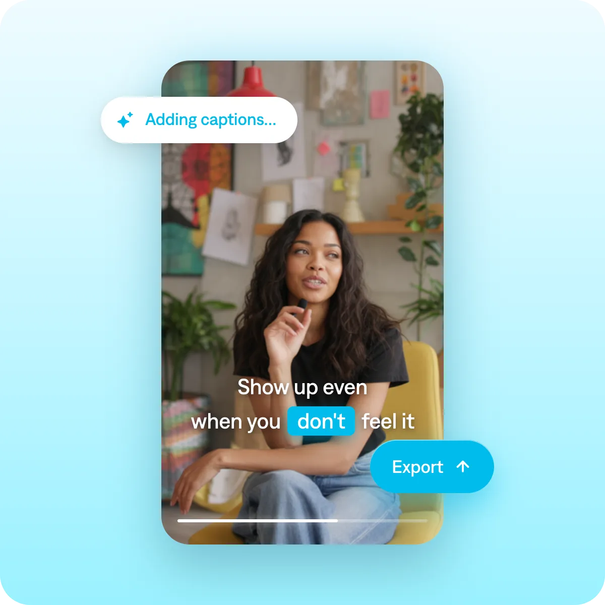 Screenshot showing how to add captions and export a finished video in the Captions app
