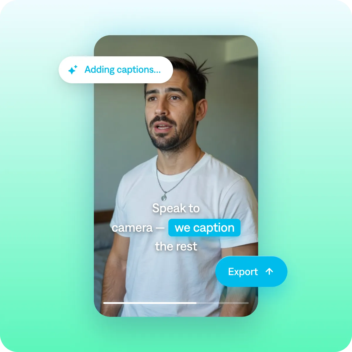 Screenshot showing how to add captions and export a finished video in the Captions app