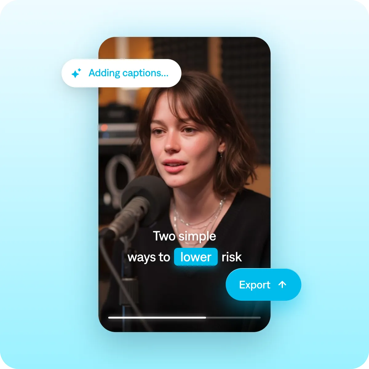 Screenshot showing how to add captions and export a finished video in the Captions app