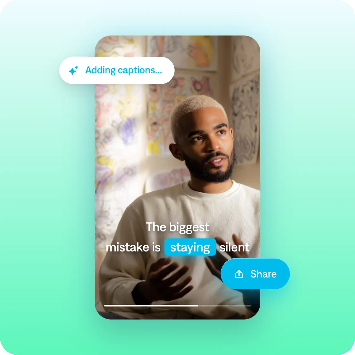 Screenshot showing how to add captions and share a finished video from the Captions app