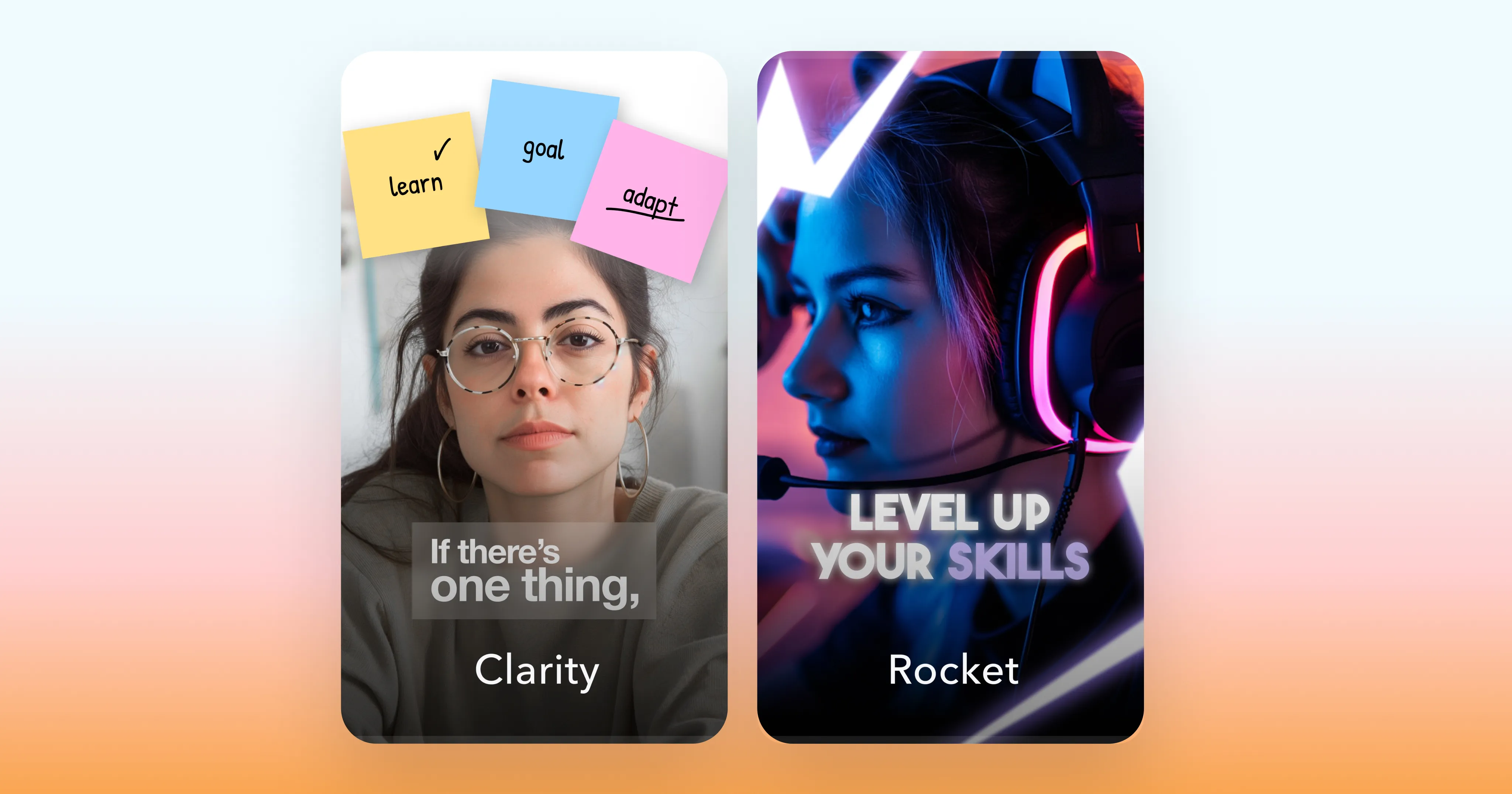 Image showing two AI thumbnail styles: Clarity with creator portrait and sticky note headings “learn,” “goal,” and “adapt,” and Rocket with neon lit headset portrait and “Level up your skills” text