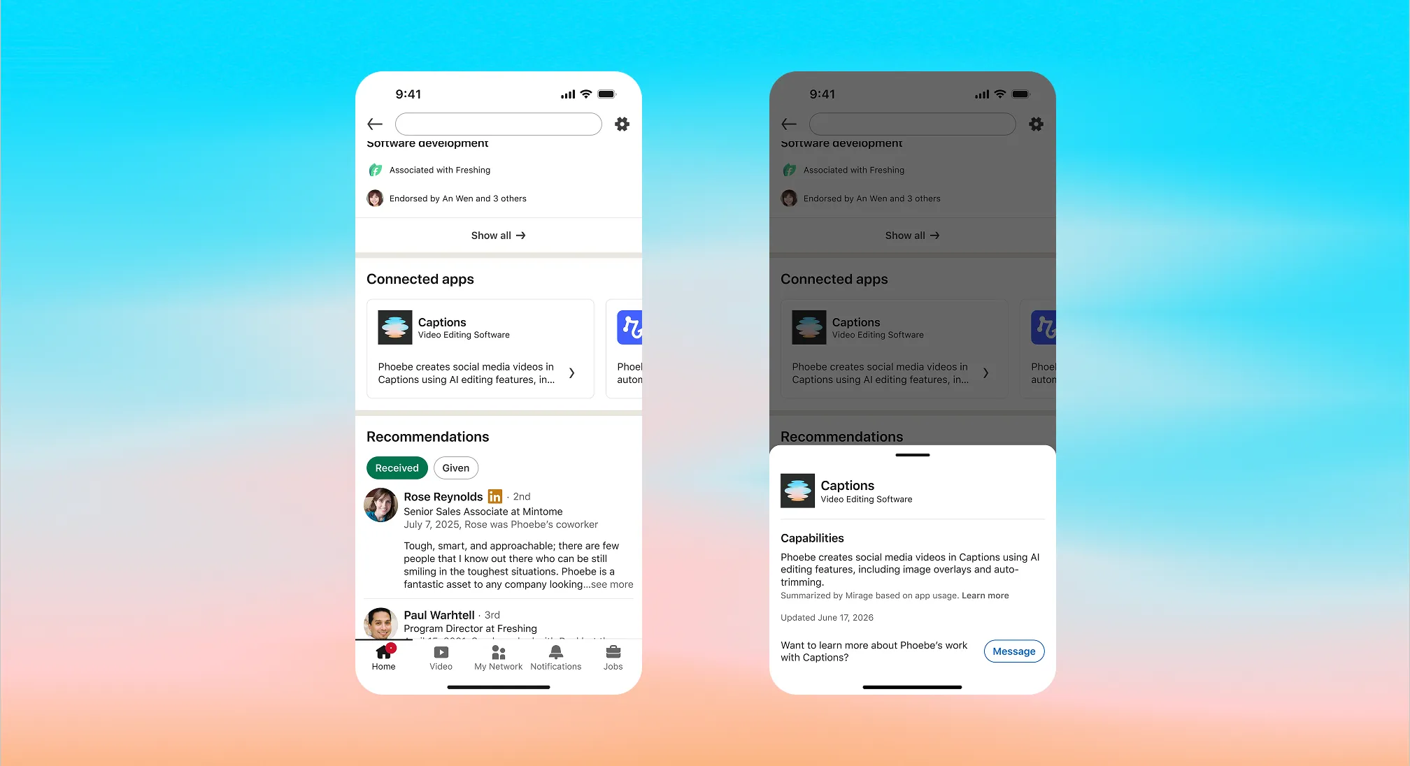 Two mobile screens showing a LinkedIn profile with connected apps and recommendations, plus a Captions app detail view.