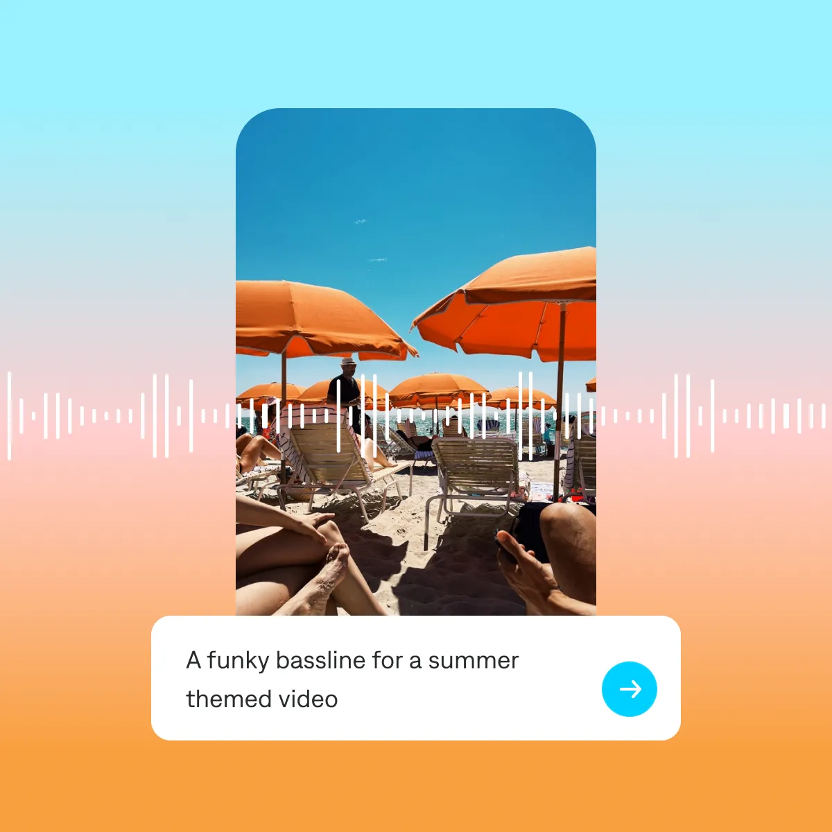Phone showing a beach video with an audio waveform and a suggestion to add a funky bassline for a summer-themed video