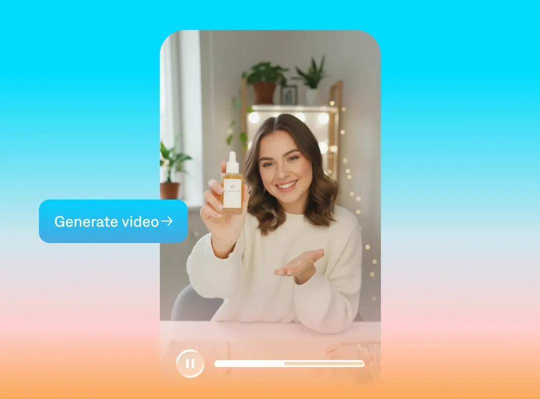 Smiling woman in white sweater holding skincare product bottle in front of lighted vanity mirror with plants in background.