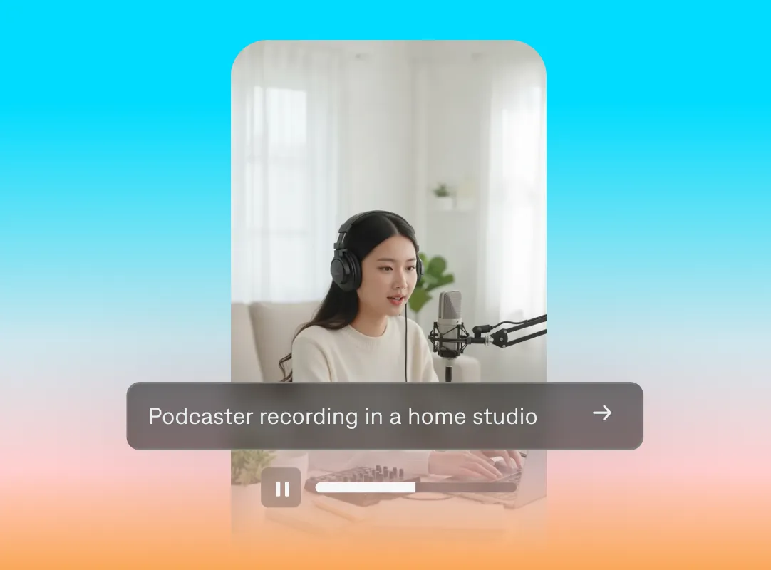 Woman wearing headphones recording podcast with microphone in bright home studio with white curtains and plants.