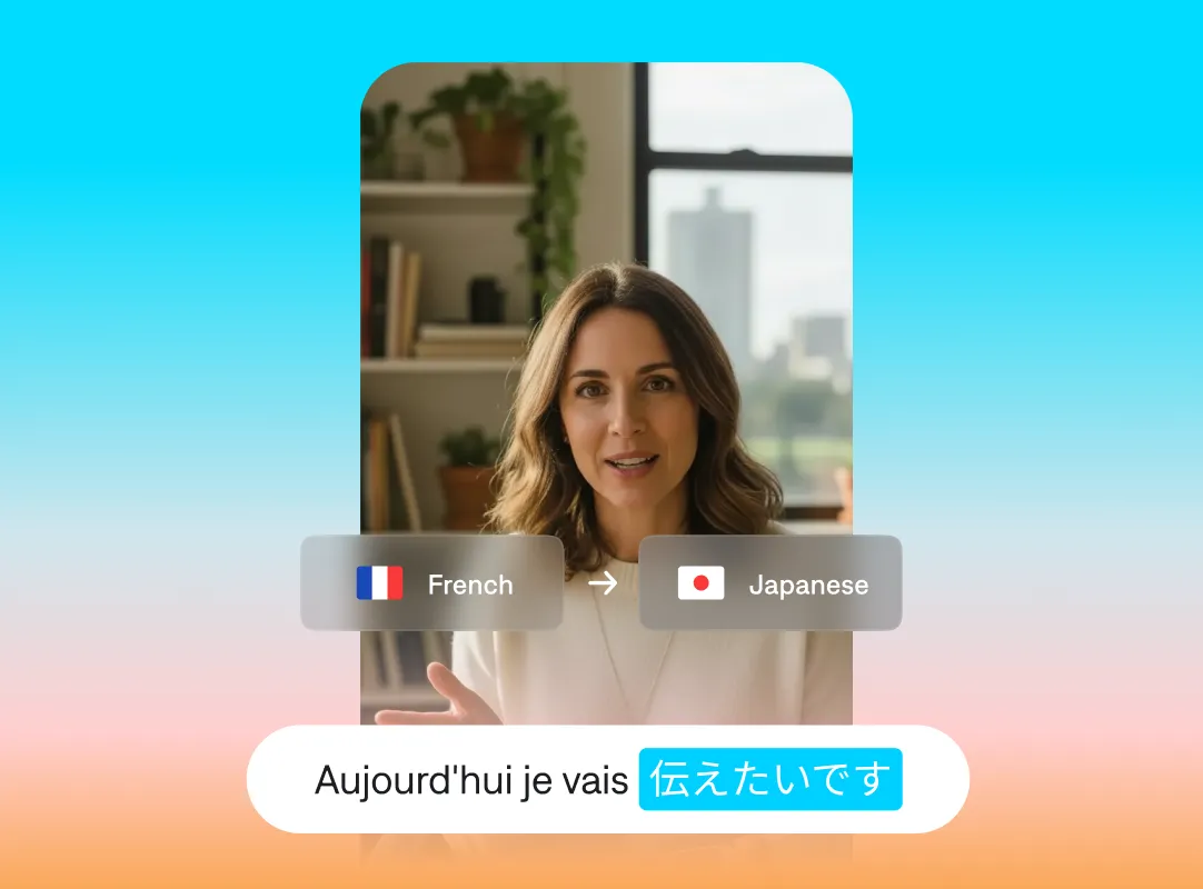Image showing a creator speaking on camera with language translation labels indicating French to Japanese and a mixed language subtitle displayed below on a gradient background.