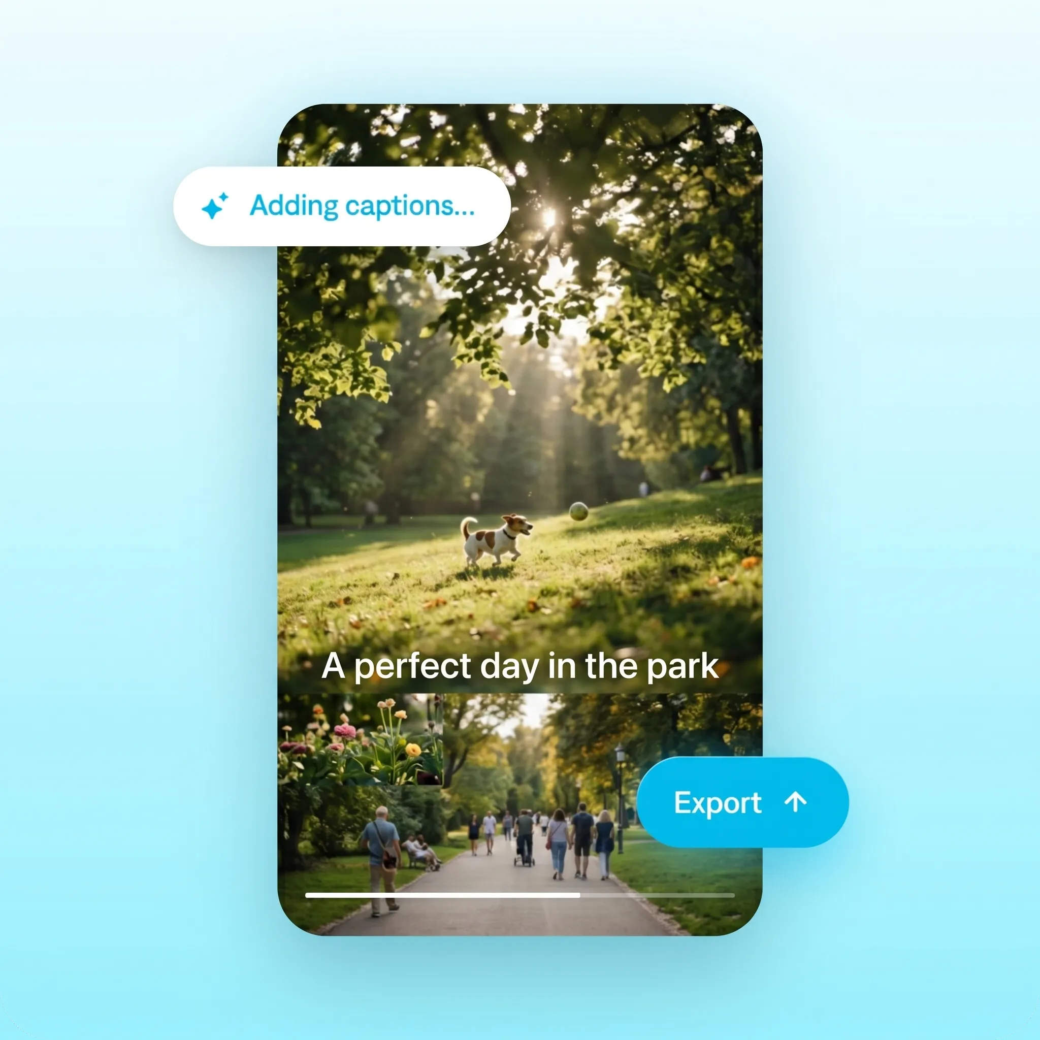 Screenshot showing how to add captions and export a finished video in the Captions app