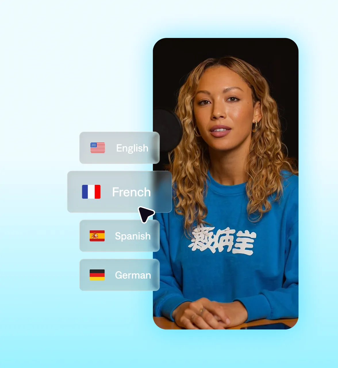 Image showing a creator speaking on camera with a vertical language selection menu displaying English, French, Spanish, and German options alongside the video on a gradient background.