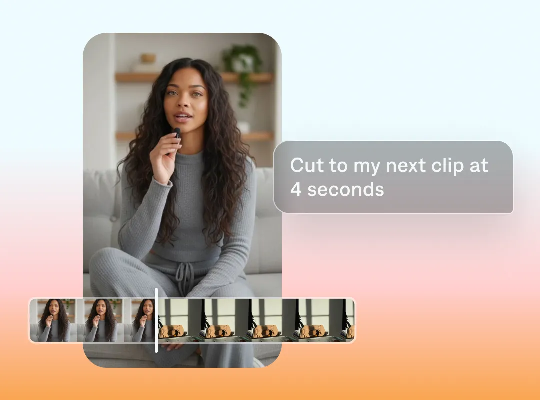 Video editing interface showing woman in gray sweater with timeline and text overlay reading "Cut to my next clip at 4 seconds"
