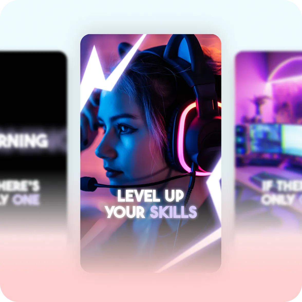 Neon-lit gaming video style with lightning effects and a woman gamer in a headset, captioned 'Level up your skills'