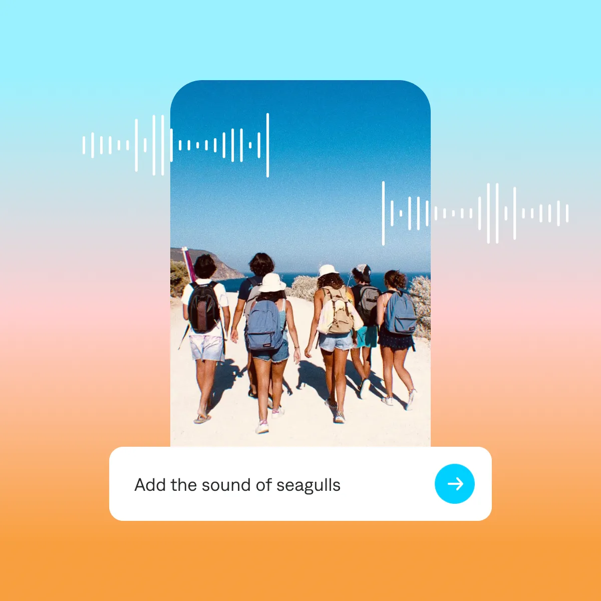 Phone showing a video of hikers with an audio waveform and a suggestion to add the sound of seagulls