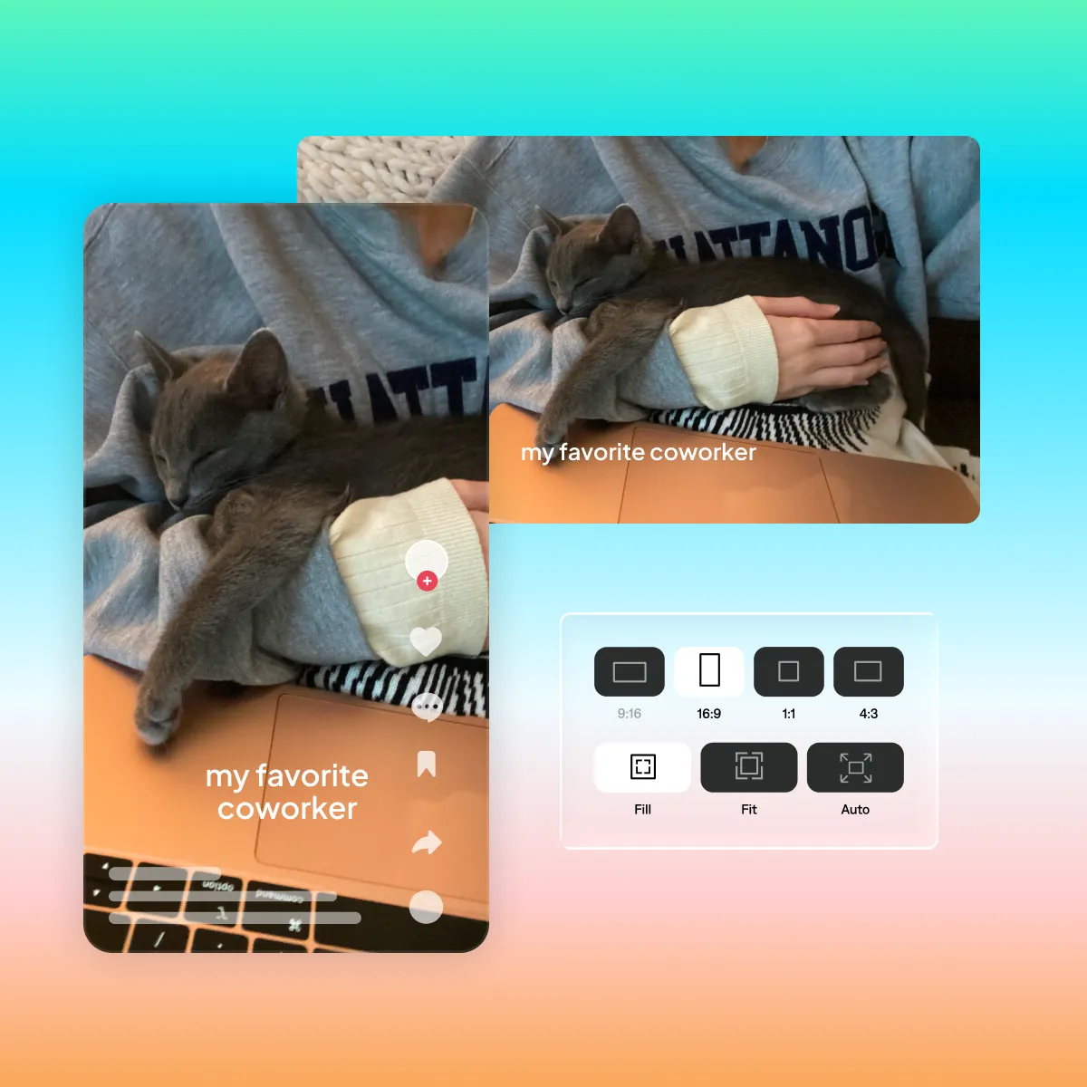 A vertical video with social icons overlaid on the same video in horizontal format. Aspect ratio controls are in the right corner.