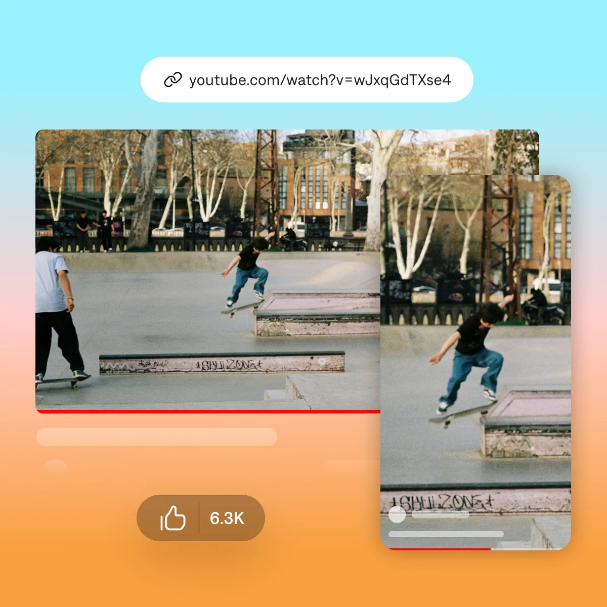 YouTube video link displayed above skateboarding photos at an outdoor skate park with concrete ramps and trees.