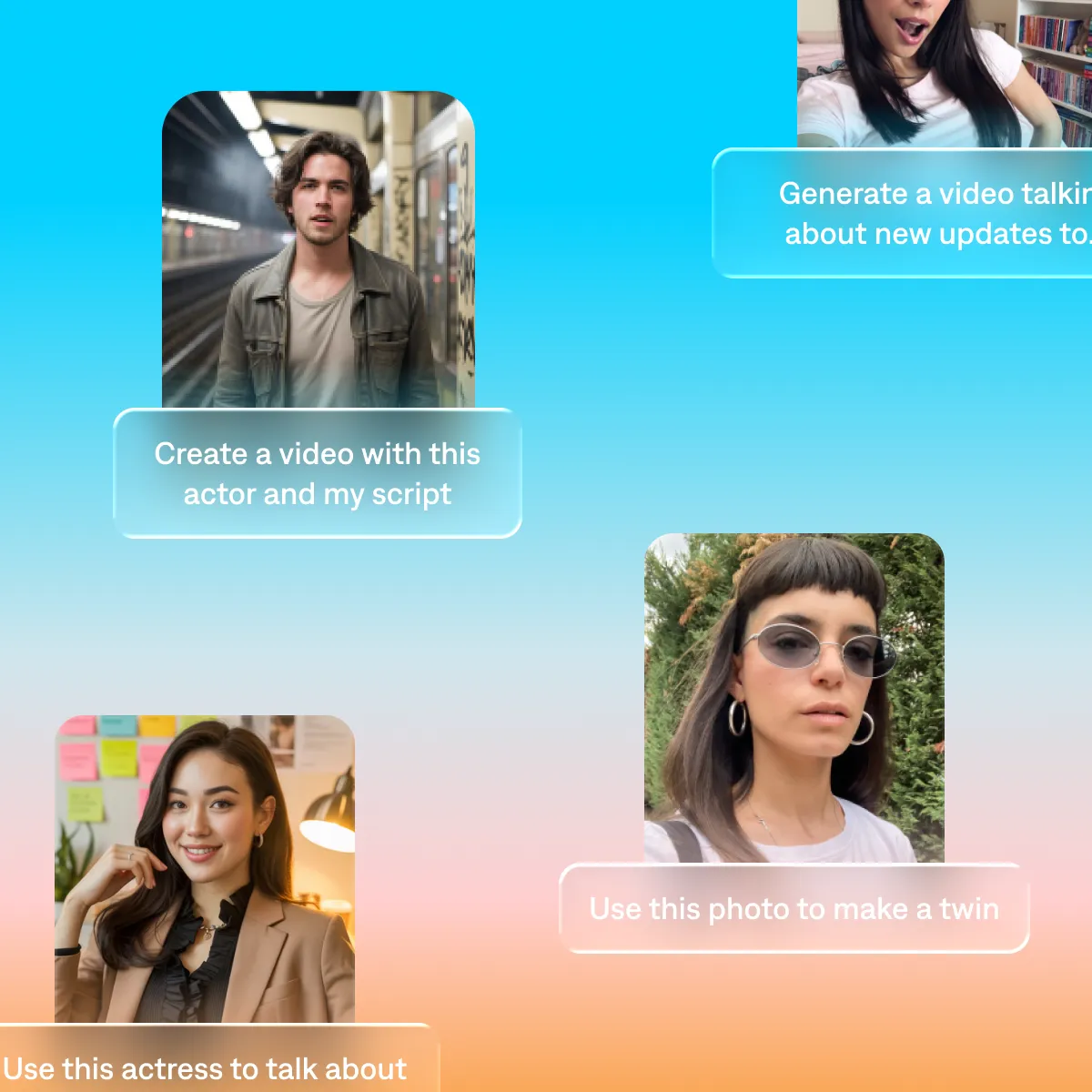 AI video generator interface with generated avatars and prompts for creating videos from scripts or photos on a gradient background.