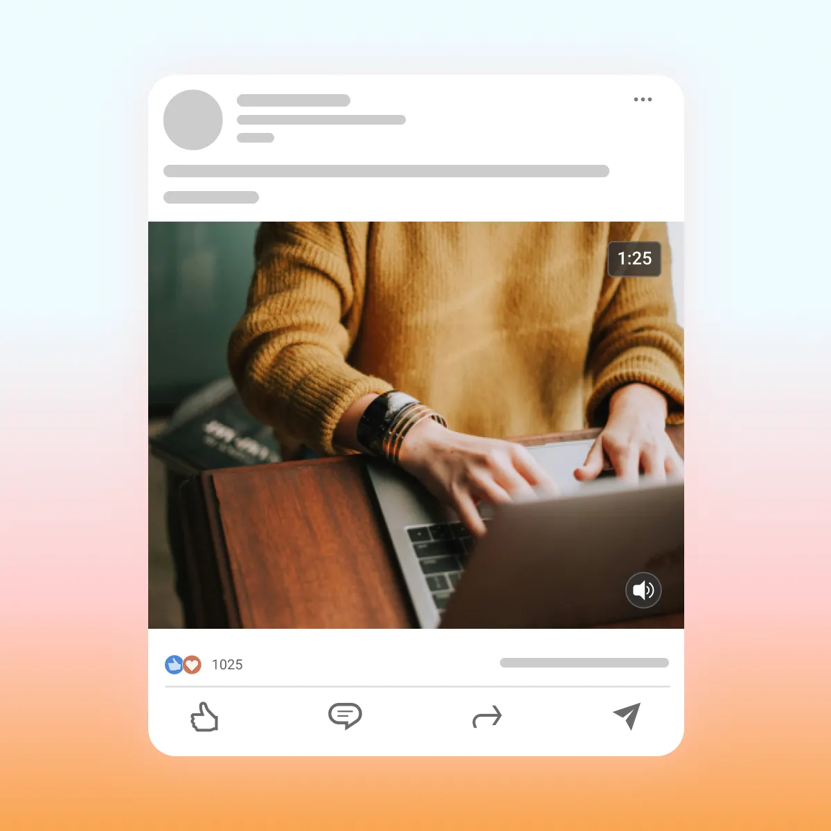 Person in mustard sweater typing on laptop in social media post with 1:25 video timestamp and 1025 reactions.