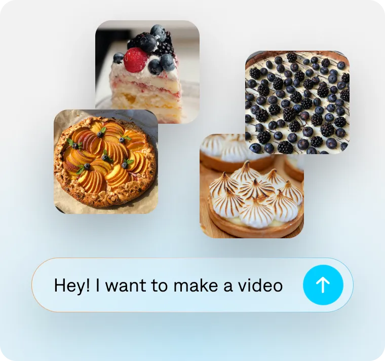 Collection of dessert photos used to generate a video, with prompt input for creating content.