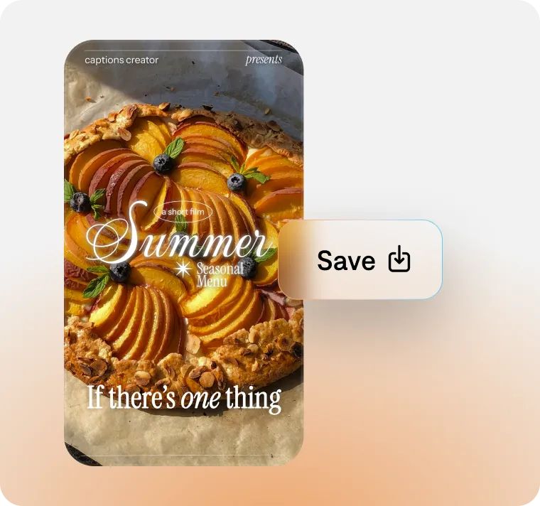 Mobile video of a peach tart with “Summer seasonal menu” text and export button, showing finished content ready to share.