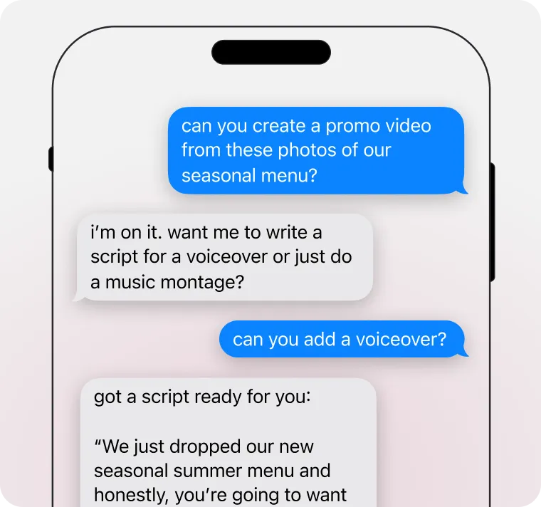 iMessage interface creating a promo video with AI, including script writing and voiceover generation.