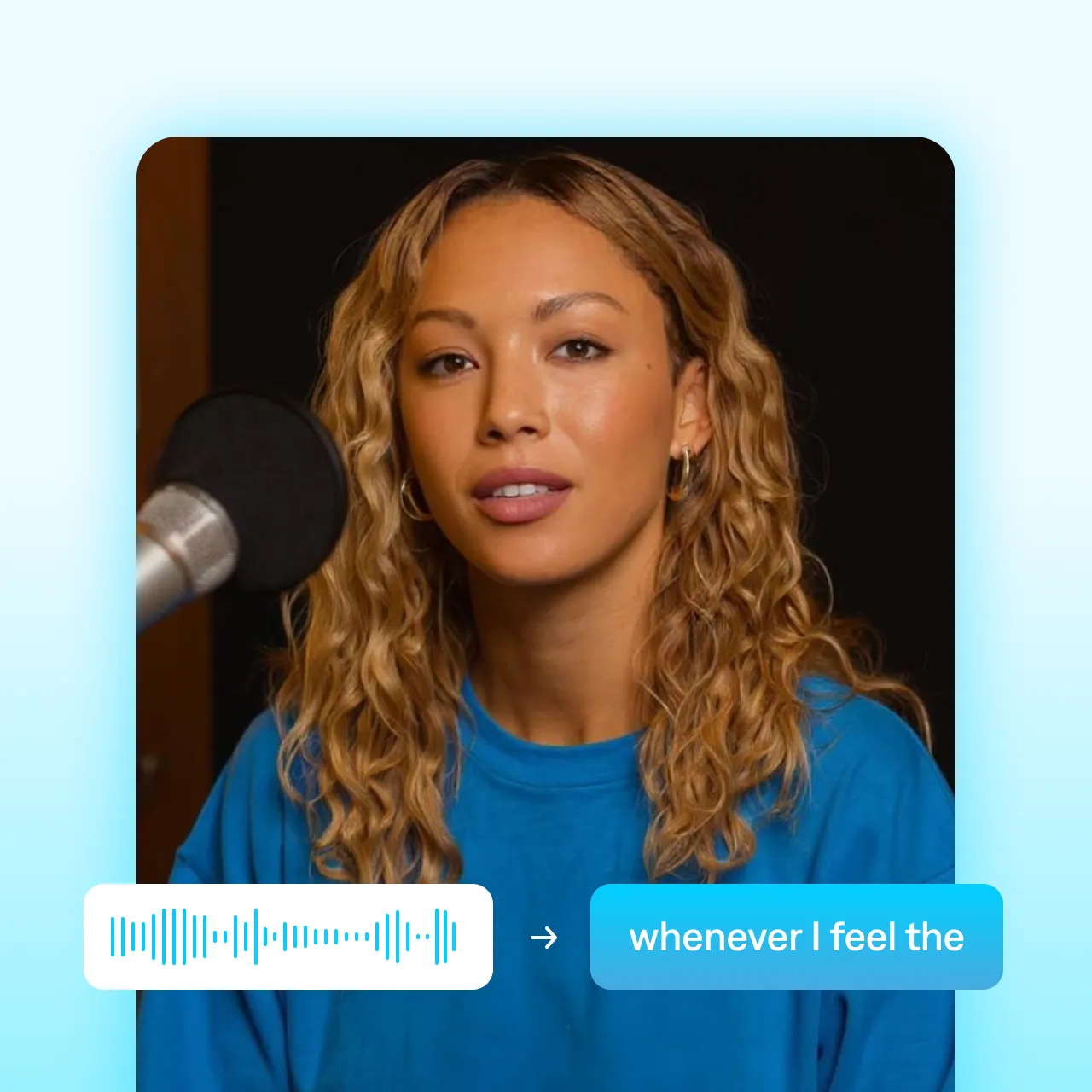 Woman in a blue outfit speaking into a microphone with AI-generated subtitle captions overlaid on screen, demonstrating how the Captions app automatically syncs subtitles to video in minutes.