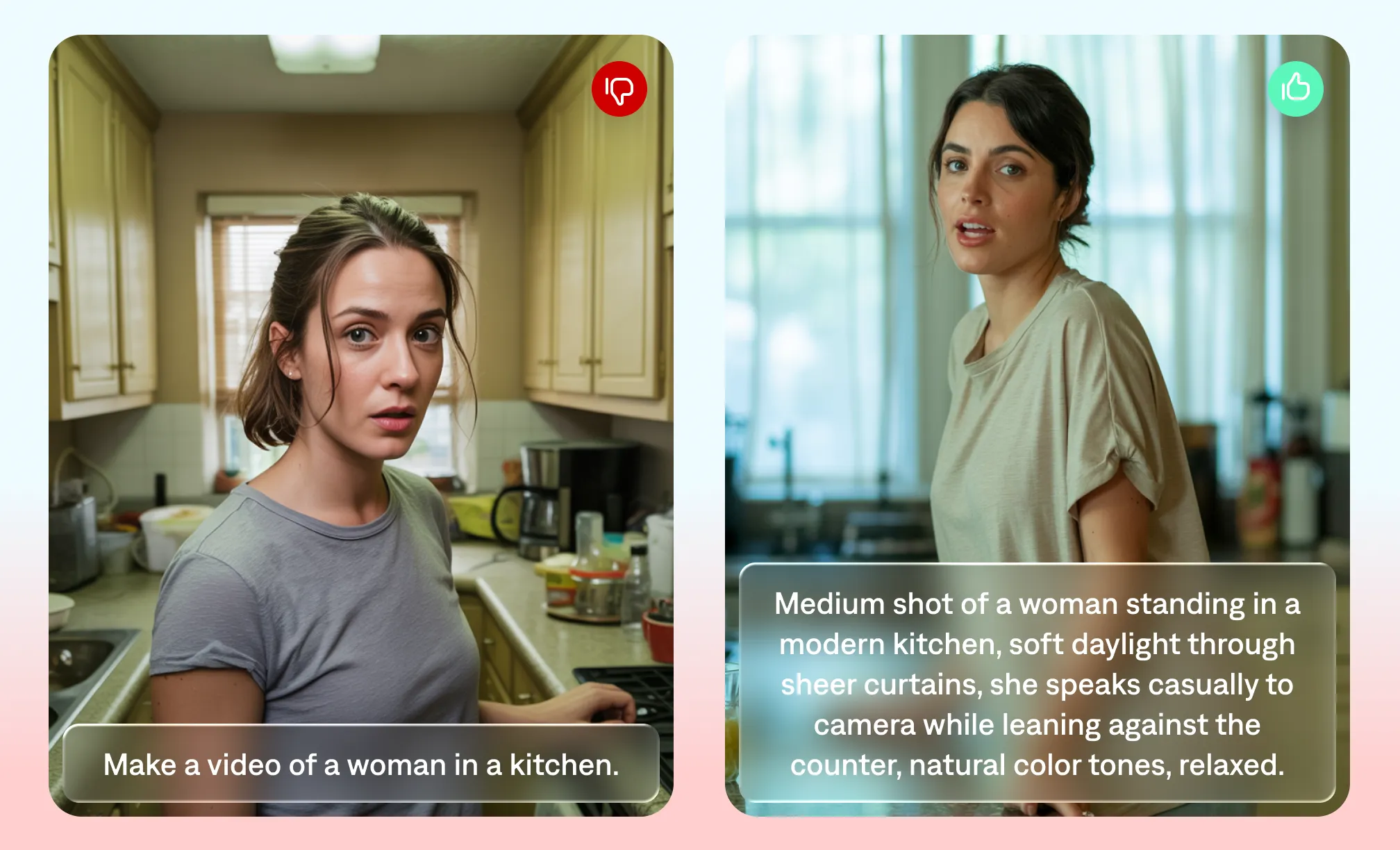 Side by side example of bad and good AI video prompts, showing that detail is important.