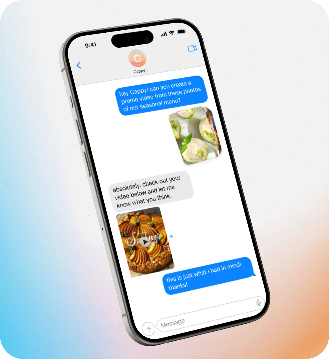 Smartphone chat showing AI generating a promo video from food photos, with preview and user approval.