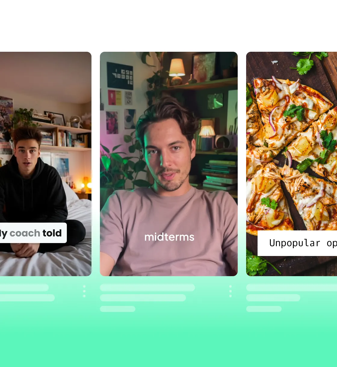 Three vertical images on mint green background: teen on bed, man in pink sweater with midterms text, and pizza slices.