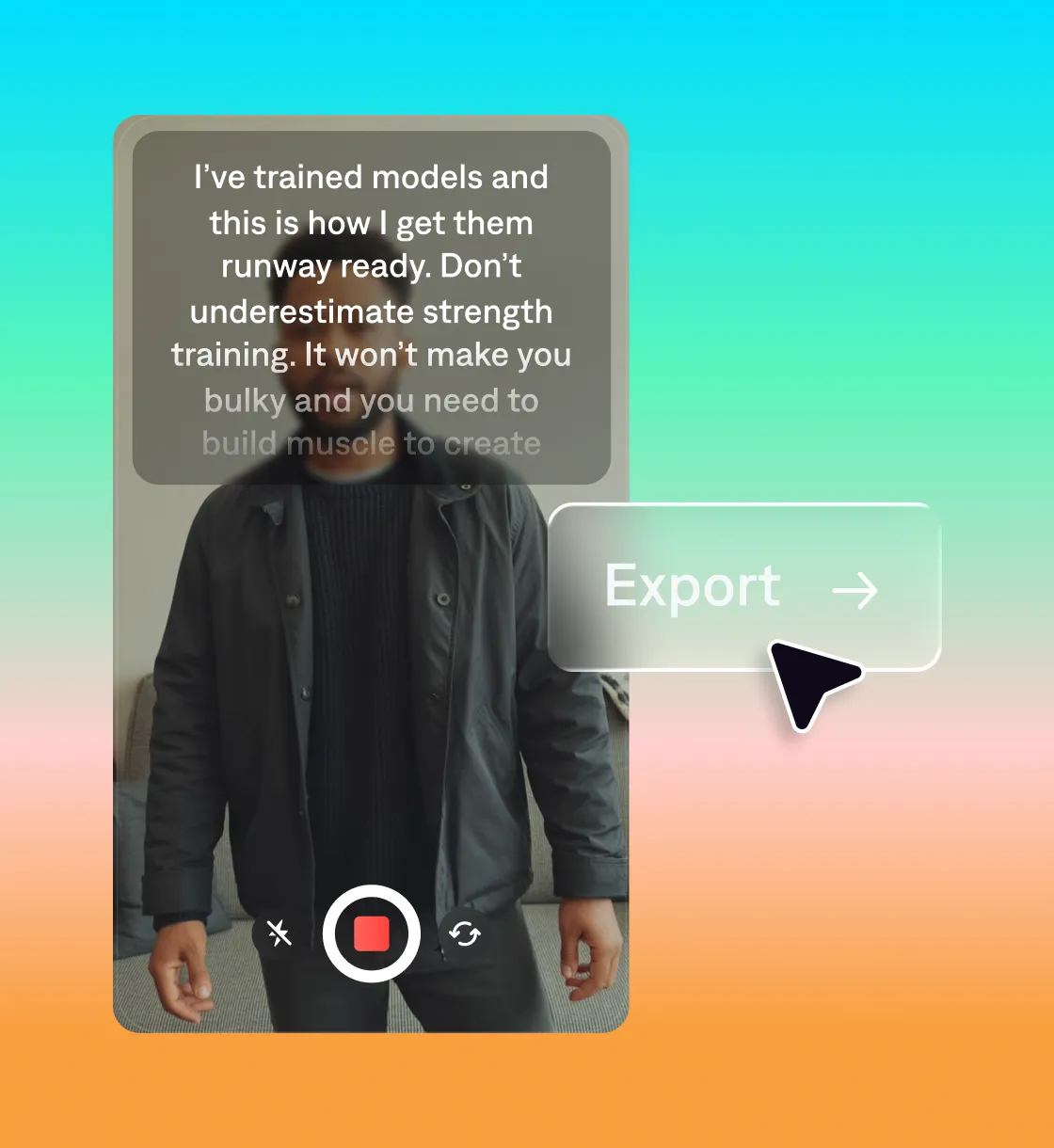 Teleprompter script scrolling over a person filming a talking-head video, with an Export button and cursor