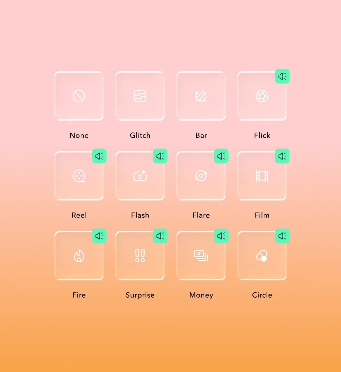 Grid of 12 video transition effect options with icons on pink to orange gradient background, including None, Glitch, Bar, Flick, and more.