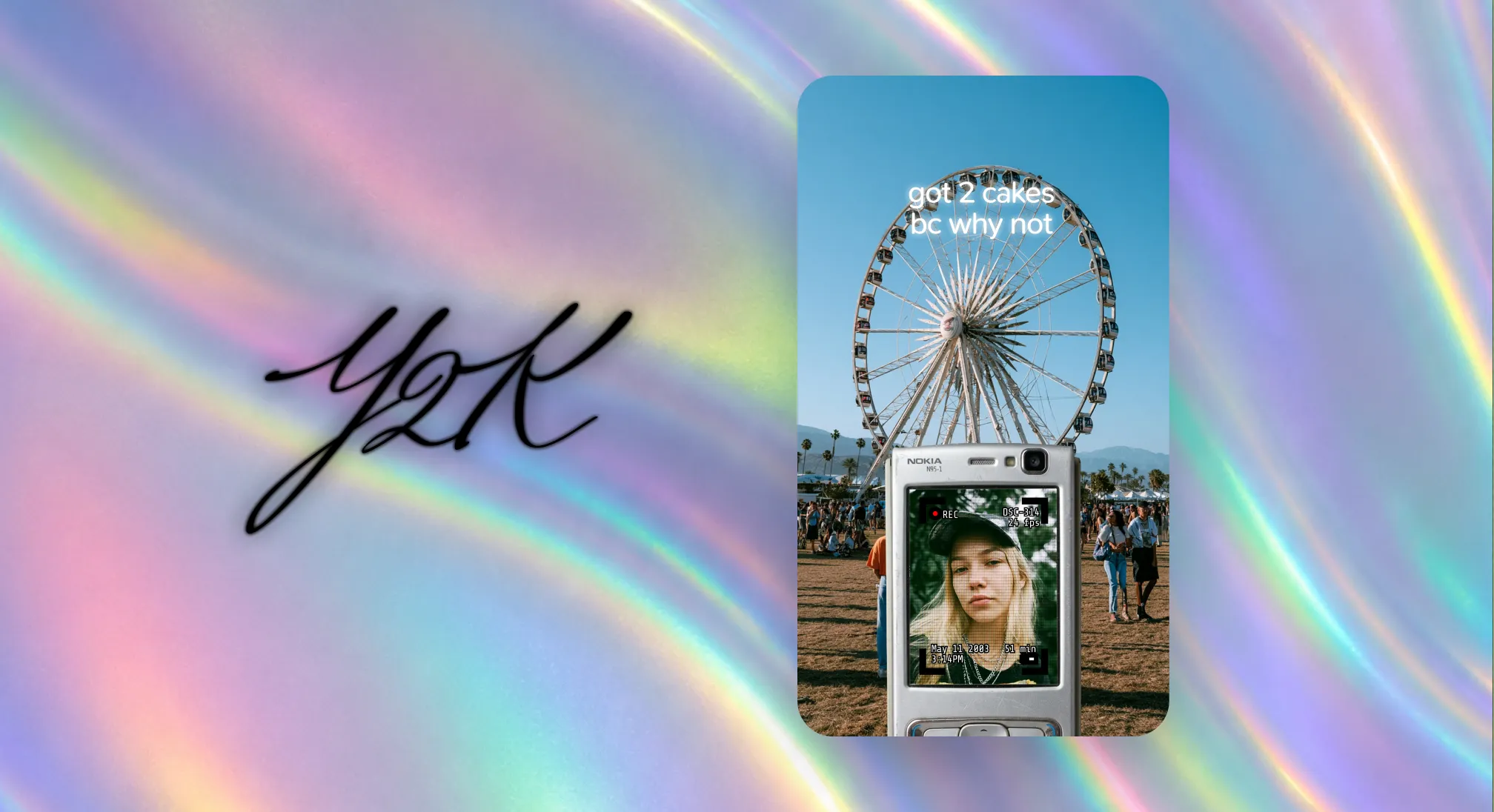 Y2K aesthetic with holographic rainbow background, cursive text, and Nokia phone displaying ferris wheel festival scene.
