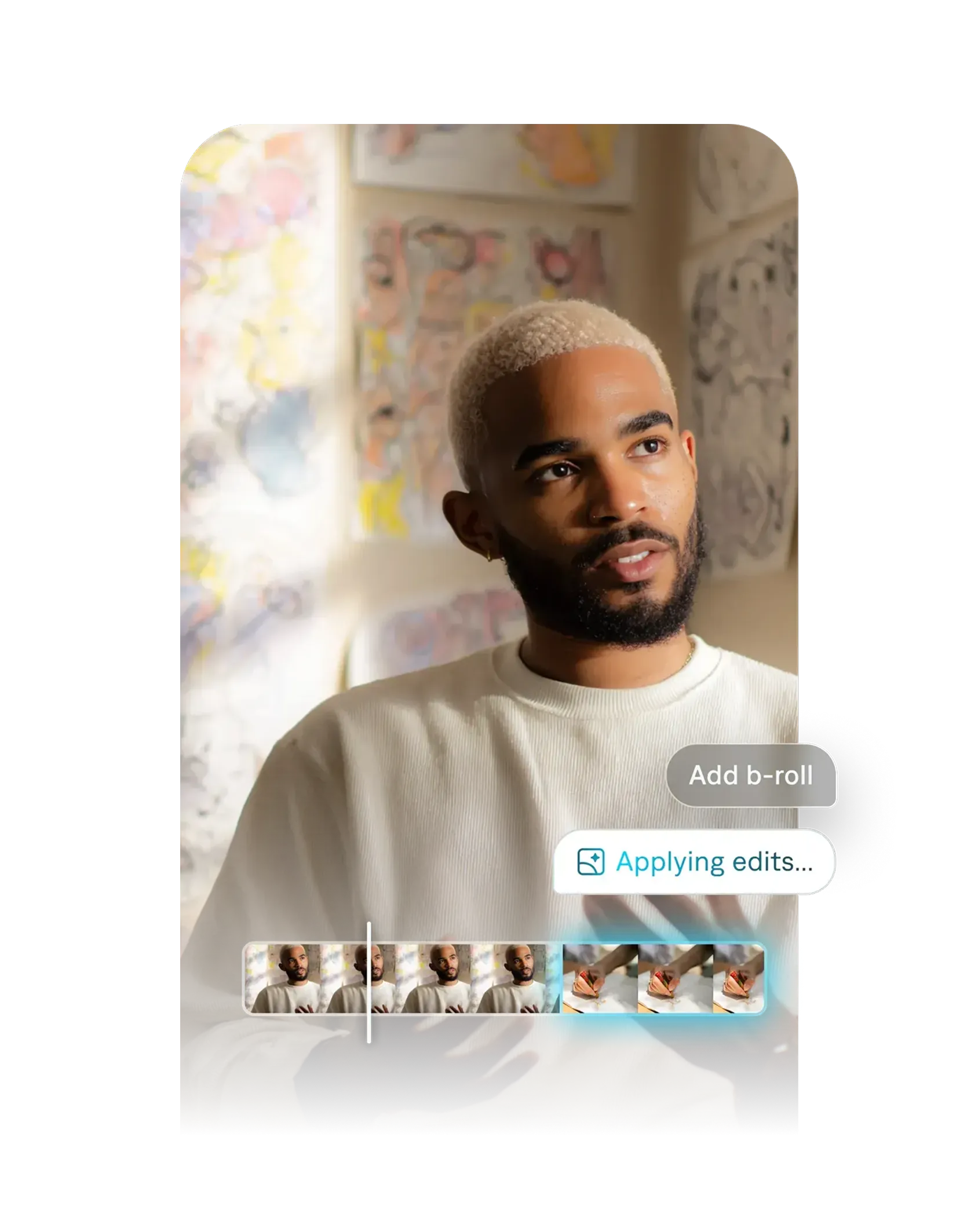 Captions AI editor applying edits to footage of a person, showing an "Add b-roll" prompt and a video clip timeline