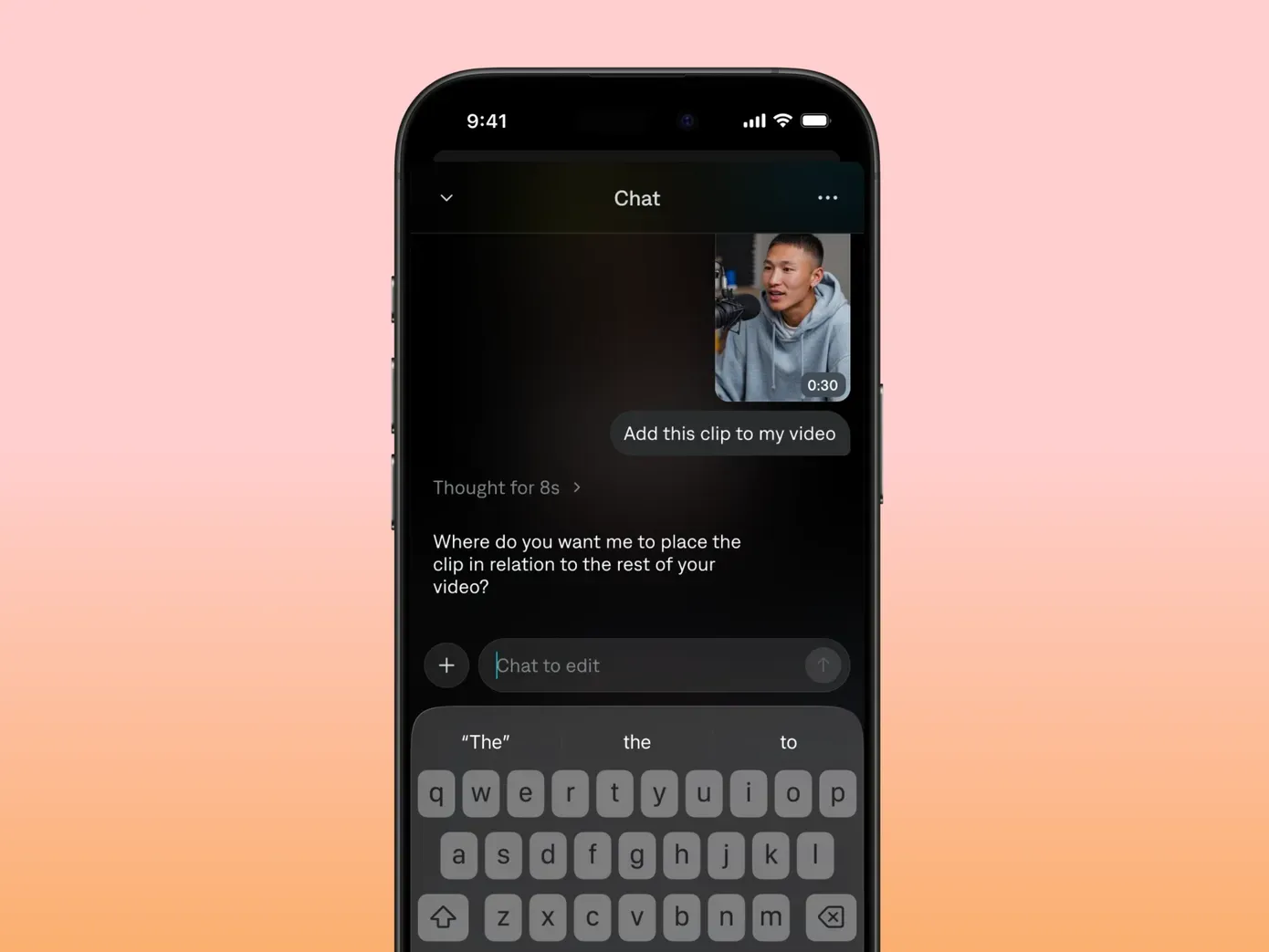 Smartphone displaying the Mirage app chat interface for video editing, showing a clip of a man with AI-generated editing suggestions and a keyboard for typing commands