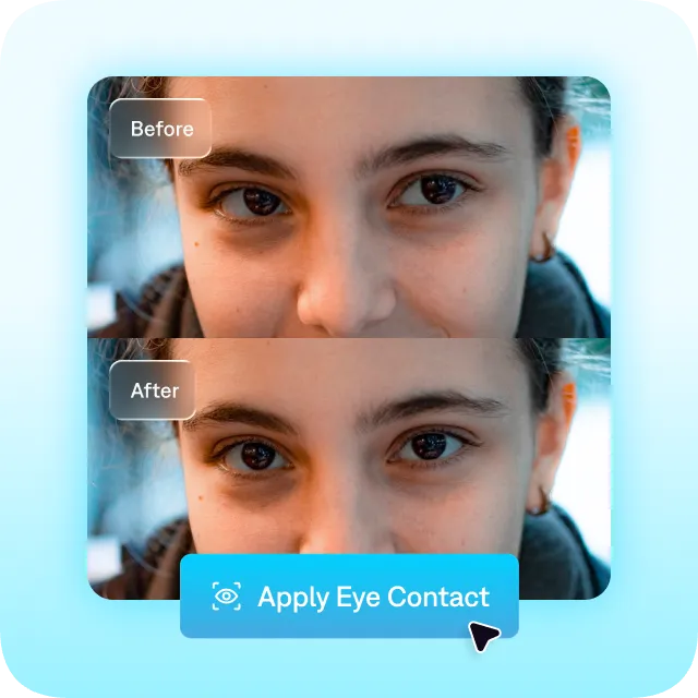 Hero image showing the Captions AI eye contact correction feature for video creators