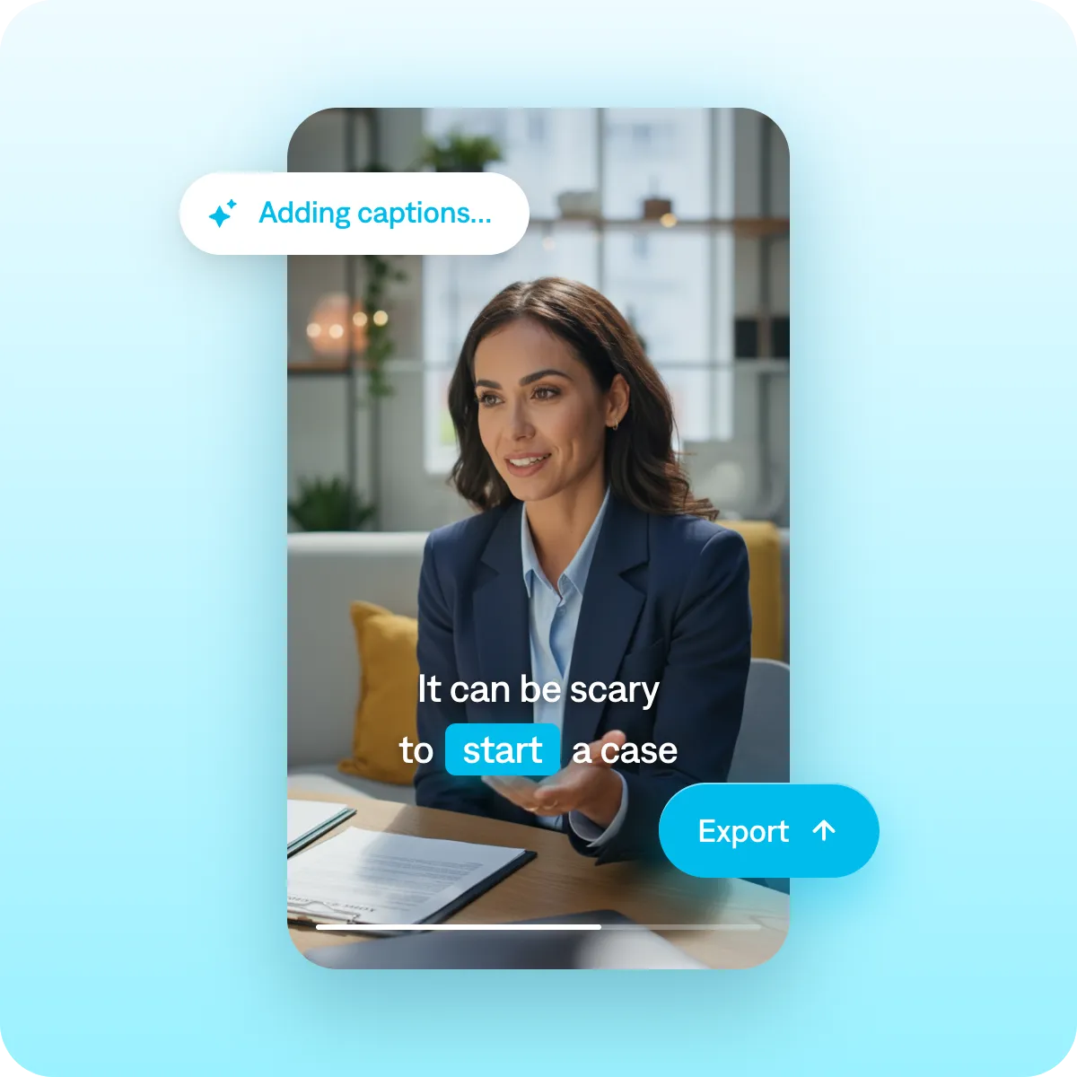 Screenshot showing how to add captions and export a finished video in the Captions app