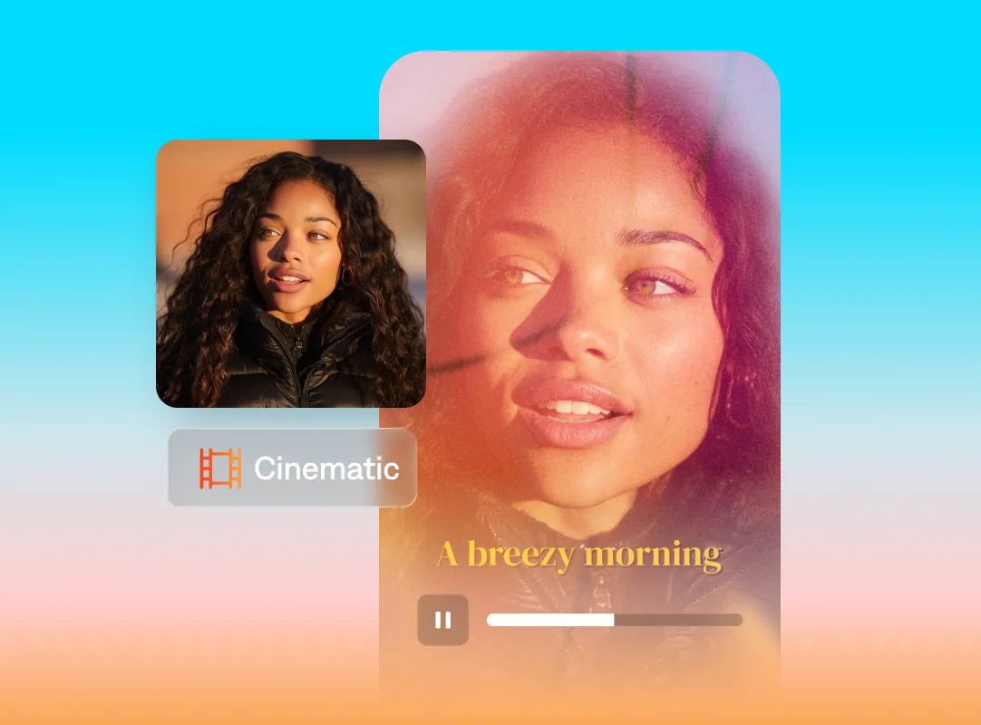 Image showing a cinematic style creator video with warm film grain portrait, a smaller preview thumbnail labeled “Cinematic,” a playback progress bar, and the title “A breezy morning” displayed over the video on a gradient background.