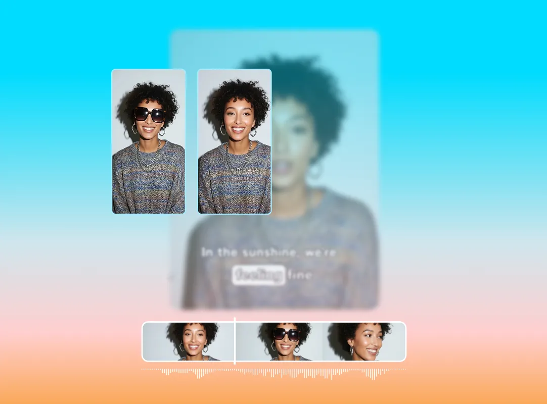 Multiple portrait photos of a smiling woman with curly hair wearing sunglasses and a patterned sweater on a gradient background.