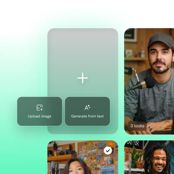 Captions AI platform with options to upload an image or generate from text to create a video avatar. Creator profiles show people recording, illustrating how to generate hyperrealistic AI actors for talking head videos.