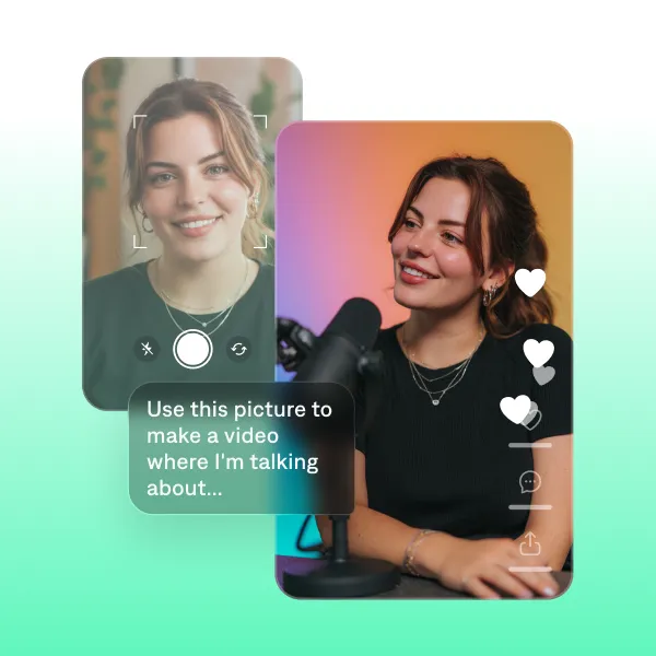 AI video creator app showing a woman generating a talking head video from a single photo. The left screen shows her portrait; the right shows her speaking into a microphone, illustrating how to create a video digital twin.