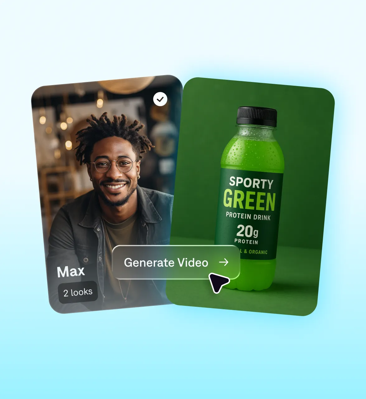 AI ad generator interface showing a creator named Max and a green protein drink bottle labeled ‘Sporty Green Protein Drink 20g Protein.’ The screen includes a ‘Generate Ads’ button, representing automated AI ad creation using personalized video avatars and product images