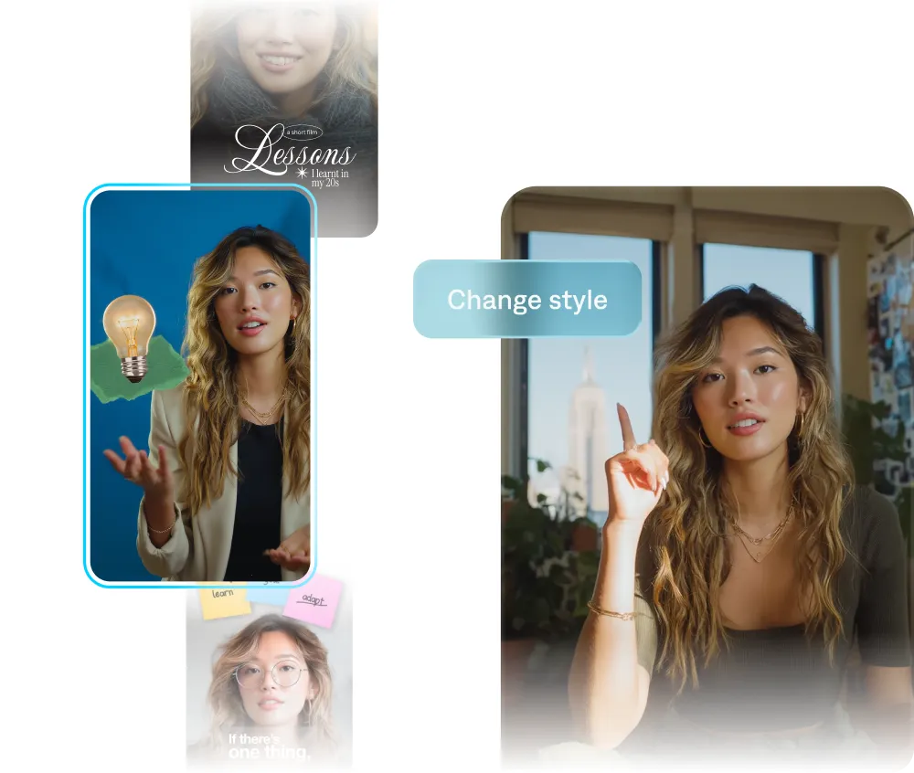 Several AI-generated avatar videos of different people, illustrating custom AI actors created with Captions