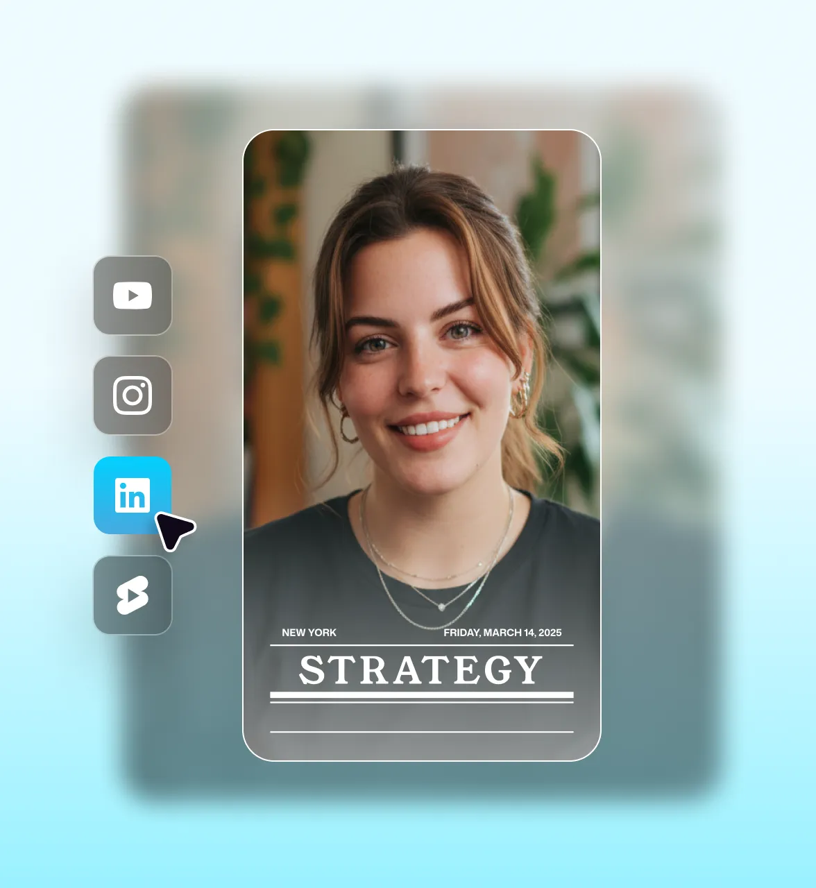 Image showing a creator portrait video thumbnail labeled “Strategy” with social media icons displayed along the left side on a light gradient background.