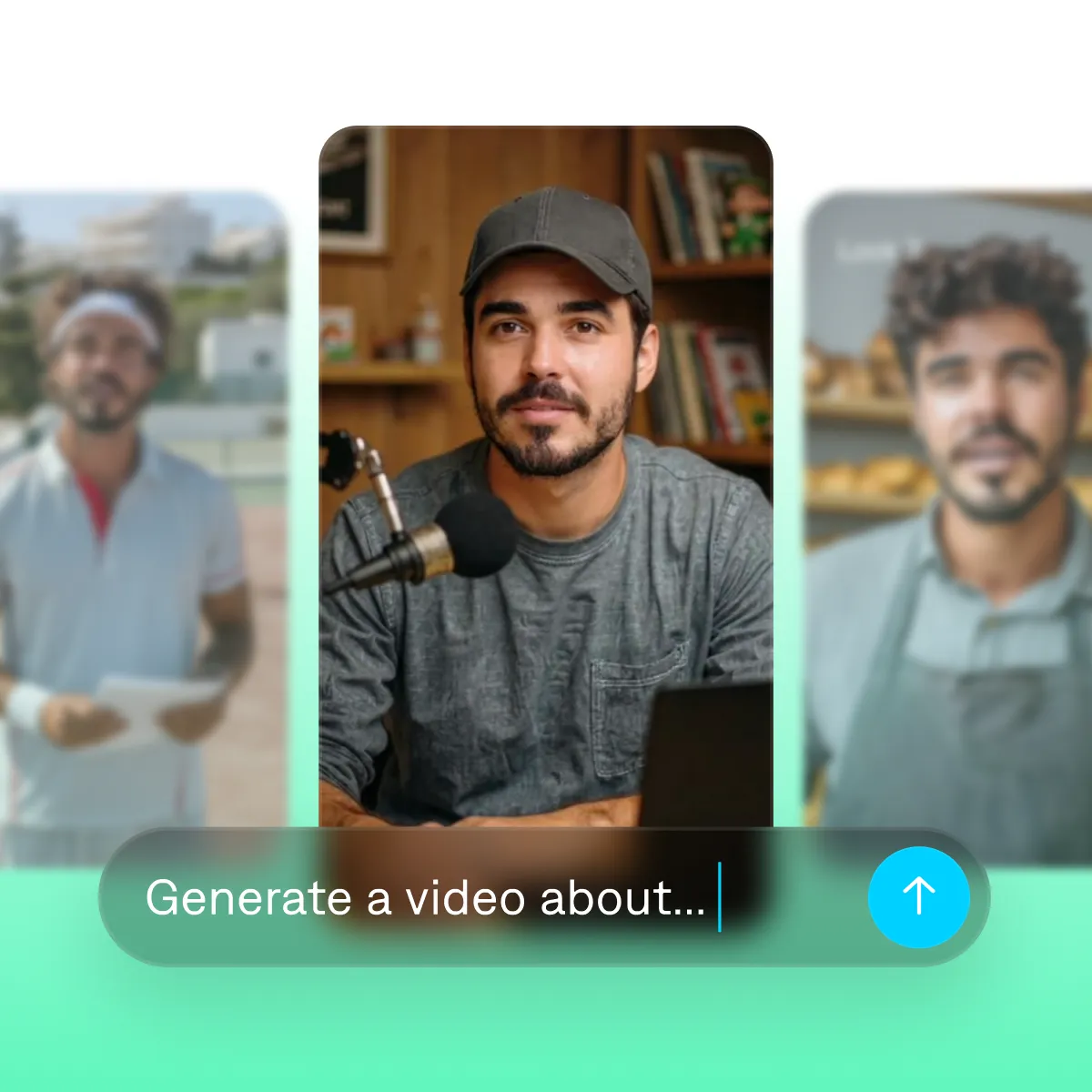 Image showing a creator portrait video thumbnail centered on screen with a microphone and laptop, blurred creator previews on both sides, and a text input field labeled “Generate a video about…” at the bottom on a gradient background.