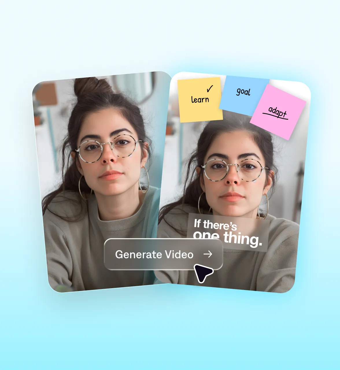 Image showing two creator video thumbnails side by side, one with a clean portrait and the other with sticky note graphics labeled “learn,” “goal,” and “adapt,” overlaid with a “Generate Video” button on a gradient background.